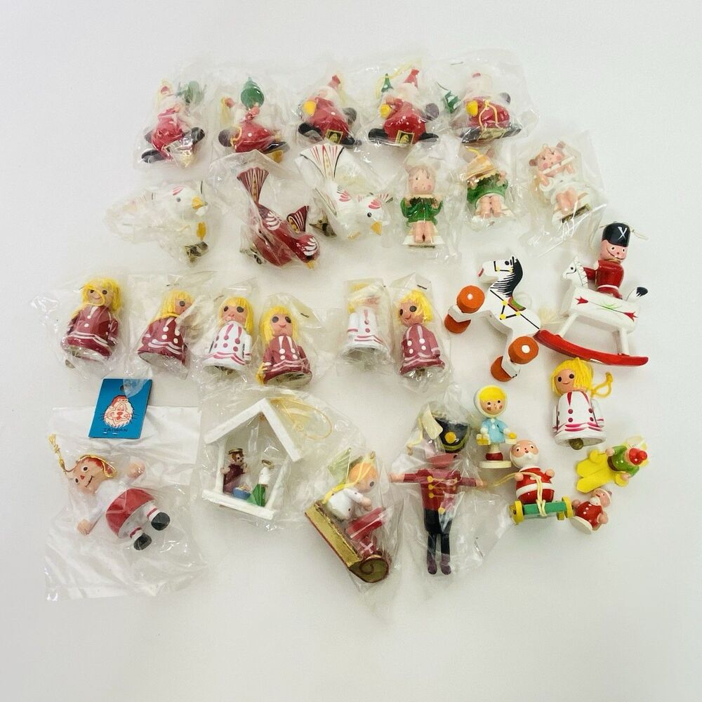 Vintage Wooden Christmas Ornaments & Figures Toys Birds Santa Lot INARCO READ